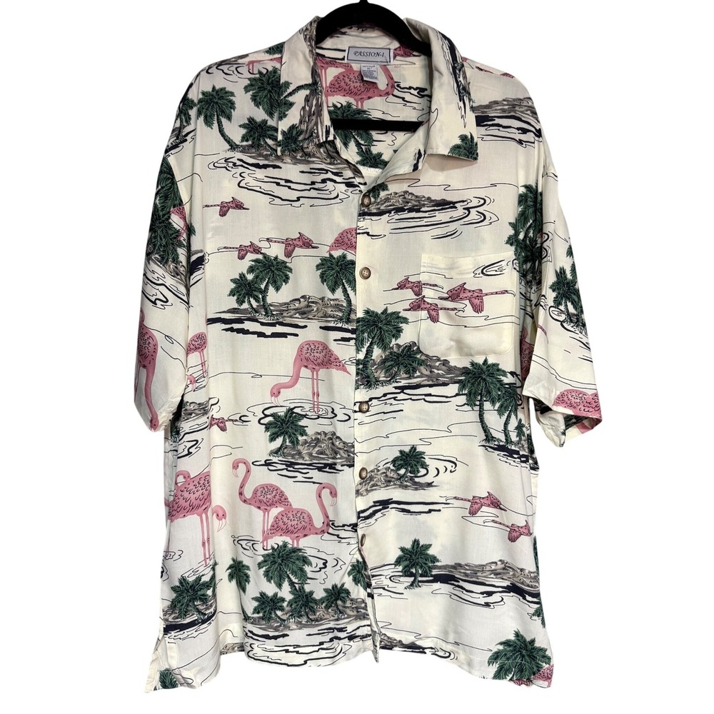Passion-I Mens XL Flamingo Tropical Grandpa Core Beach Shirt Rayon Short Sleeve